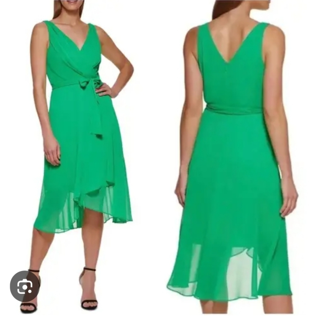 Nwt Dkny Green Textured Chiffon Ruffle V-Neck Belt Handkerchief Hem Dress 4 $129